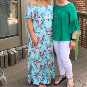 Pink blush blue floral off the shoulder maxi